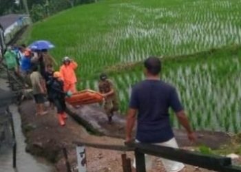 Evakuasi korban tersambar petir di Jorong Lantai Batu, Nagari Baringin, Kecamatan Lima Kaum, Kabupaten Tanah datar, Kamis (16/9/2021) Foto: Ist