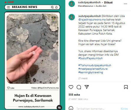 Fenomena Hujan Es di Kabupaten Limapuluh Kota (Sumber : Instagram @sudutpayakumbuh)