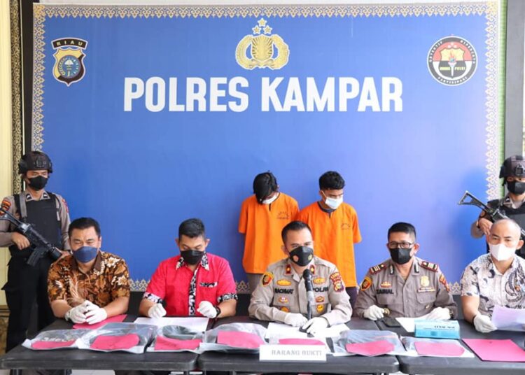 Konferensi Pers pengungkapan kasus pembunuhan di Desa Baru, Kecamatan Siak Hulu, Kabupaten Kampar (Dok. Humas Polres Kampar)