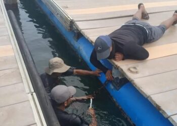 Pekerja memperbaiki dermaga apung di Pulau Angso Duo