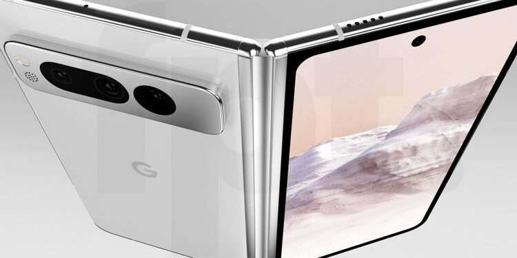 Ilustrasi ponsel lipat Google Pixel Fold dalam gambar render 3D.(FrontPageTech)