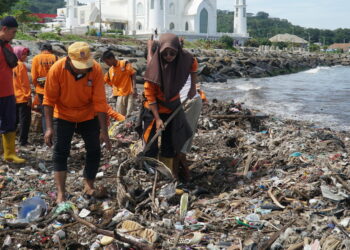 Petugas membersihkan sampah di Pantai Padang.