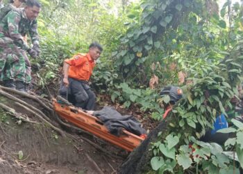 Tim gabungan melakukan evakuasi korban dari puncak Gunung Marapi, Senin (4/12).