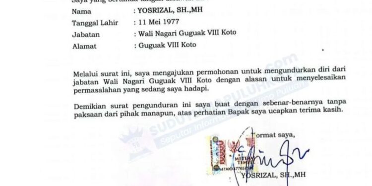 Surat pengunduran diri Wali Nagari Guguak VIII Koto, Limapuluh Kota (foto: tangkap layar Instagram @sudutlimapuluh kota)