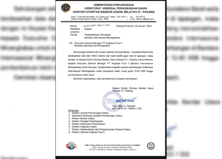 Surat edaran penutupan BIM akibat erupsi Gunung Marapi