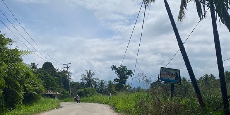 Kabel Fiber Optik  yang membentang di sepanjang jalan Provinsi Payakumbuh-Batusangkar via Piladang tampak menjuntai ke jalan.