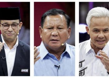 Capres Anies Baswedan, Prabowo Subianto dan Ganjar Pranowo. (REUTERS/Ajeng Dinar Ulfiana)