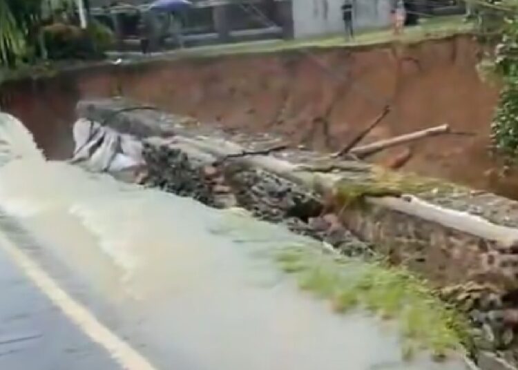 Jalan Lintas Sumatera perbatasan Sumbar-Jambi terban diterjang banjir pada Minggu, 25 Februari 2024.