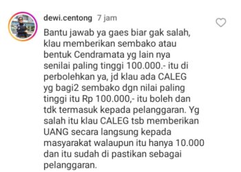 Tangkap layar komentar ASN di Payakumbuh terkait caleg boleh bagi sembako