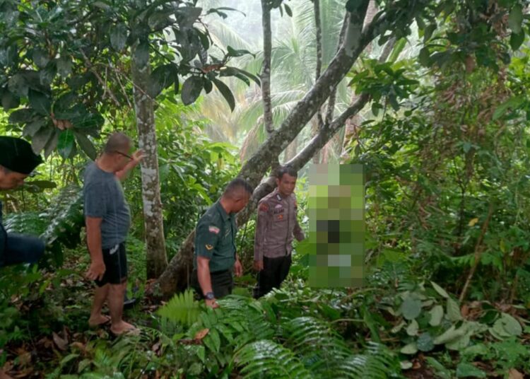 Petugas kepolisian mendatangi lokasi penemuan mayat di nagari Gunung Padang Alai, Kabupaten Padang Pariaman, Selasa (7/5/2024).