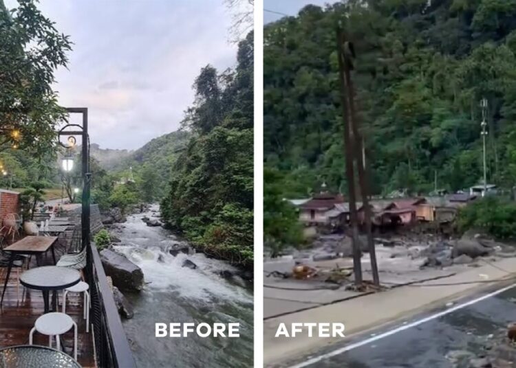 Kondisi sebelum dan pasca Cafe Xakapa di Lembah Anai dihantam banjir bandang.