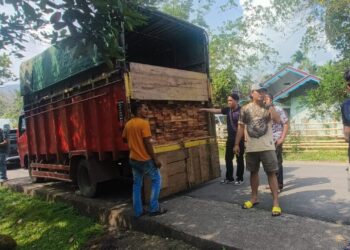 Polisi mengamankan truk bermuatan kayu olahan diduga ilegal di kawasan Jorong Tanah Bato, Kecamatan Sijunjung Kabupaten Sijunjung. 