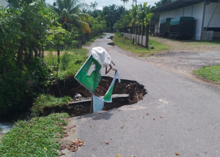 Kondisi jalan amblas di Seberang Tarok, Nagari Lakitan Tengah, Kecamatan Lengayang, Pesisir Selatan.