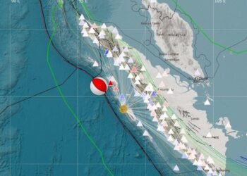 Tangkapan layar lokasi pusat Gempa Mentawai. BMKG menjelaskan Gempa Mentawai, Selasa (25/4/2023) berkekuatan M 7,3 dengan parameter update M 6,9, berpusat di Pantai Barat Sumatera, Kepulauan Mentawai. Gempa berpusat di zona megathrust di Segmen Mentawai-Siberut.(Tangkapan layar lokasi pusat Gempa Mentawai, BMKG)