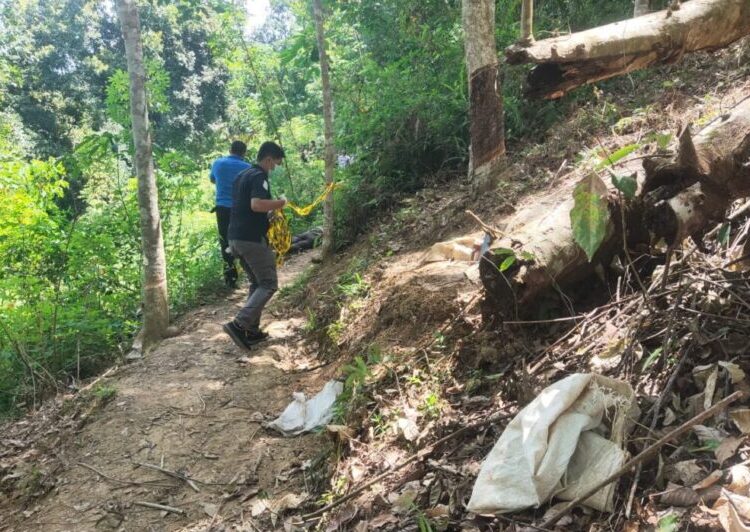 Polisi melakukan olah TKP di lokasi pembunuhan Jorong Sitongek Nagari Tamparungo Kecamatan Sumpur Kudus, Kabupaten Sijunjung. ist