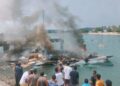 Speedboat yang membawa rombongan kampanye Paslon Gubernur dan Wakil Gubernur Maluku Utara nomor urut 4 Benny Laos-Sabrin Sehe itu meledak di Pulau Taliabu pada Sabtu (12/10). (Tangkapan Layar)