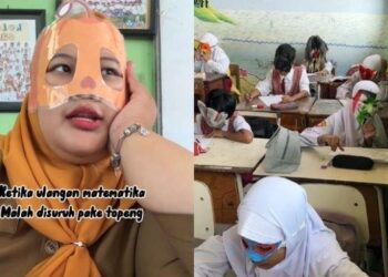 Viral, siswa SD pakai topeng saat ujian.