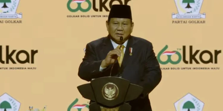 Presiden Prabowo Subianto saat menghadiri HUT Partai Golkar ke-60 tahun di Jakarta (foto: ist)