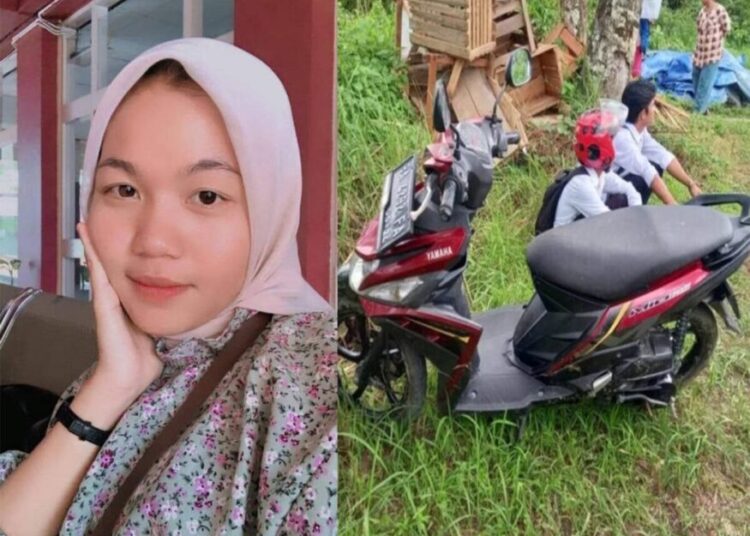 Kolase foto: Siska Oktavia Rusdi bersama sepeda motor miliknya yang ditemukan Kelurahan Koto Pulai Kecamatan Koto Tangah Padang pada Rabu (24/1/2024).