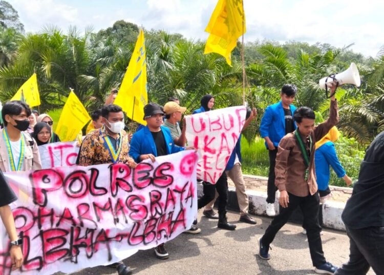 Massa aliansi organisasi kemasyarakatan pemuda (OKP) dan mahasiswa se-Dharmasraya menggelar aksi damai di Mapolres Dharmasraya, Senin (17/2).