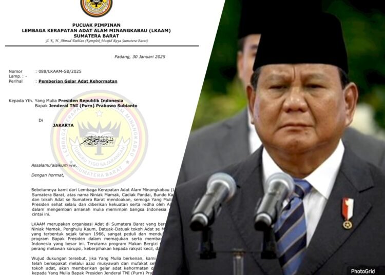 Surat LKAAM Sumbar yang dituju kepada Presiden Prabowo.