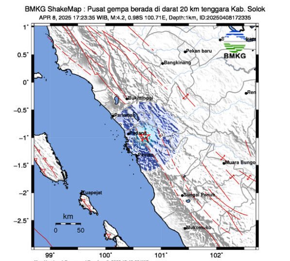 Gempa bumi guncang wilayah Solok pada Selasa (8/4) pukul 17.23 WIB (Dok. BMKG)