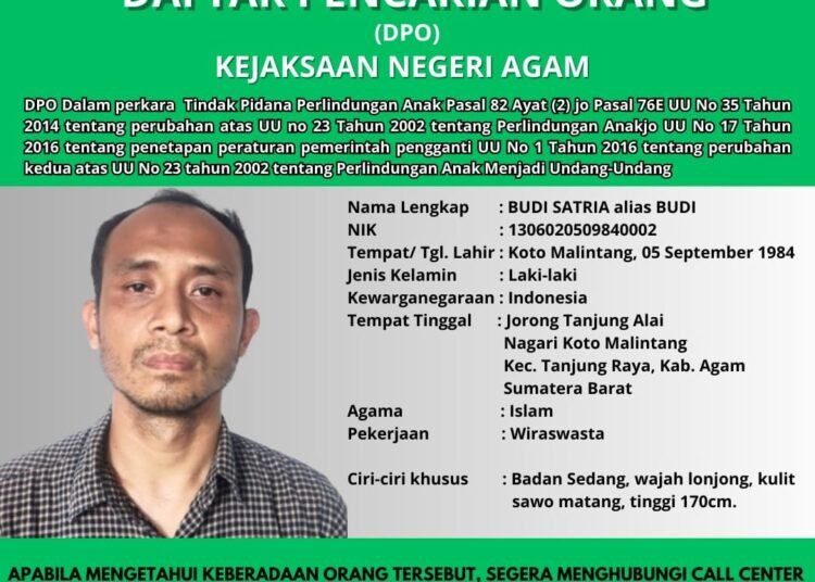 Poster DPO pelaku pemerkosa anak kandung di Agam. (foto: Kejaksaan Negeri Agam).