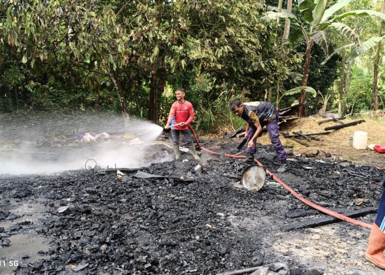 Petugas damkar memadamkan api yang membakar rumah kayu di Jorong Koto Ala, Nagari Salareh Aia Timur, Kecamatan Palembayan, Agam, membakar rumah orang tuanya pada Sabtu (7/6) siang. Foto: Bidang Damkar Agam