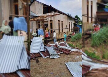 Angin kencang yang disertai cuaca ekstrem merusak enam rumah Nagari Simpang Utara, Kecamatan Simpang Alahan Mati, Pasaman, Sumatera Barat (Sumbar), pada Kamis (16/7/2026) sore. Foto; BPBD Pasaman