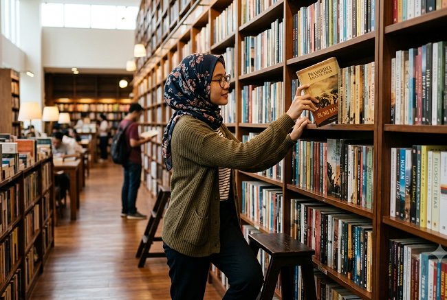 Ilustrasi seseorang memilih buku yang akan dibaca di perpustakaan. Ilustrasi: Gemini AI