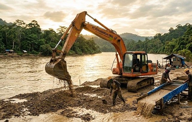 Ilustrasi penambang emas di pinggir sungai. Ilustrasi: Gemini AI